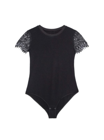 Фактурный боди-топ из вискозы премиального качества с кружевом LBD 1034 || Боді жін. CE LBD 1034, р.164-84-90, black