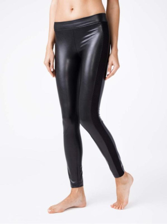Ультрамодные леггинсы из искусственной кожи с лампасами GLOSS CHIC, р.164-98, Nero